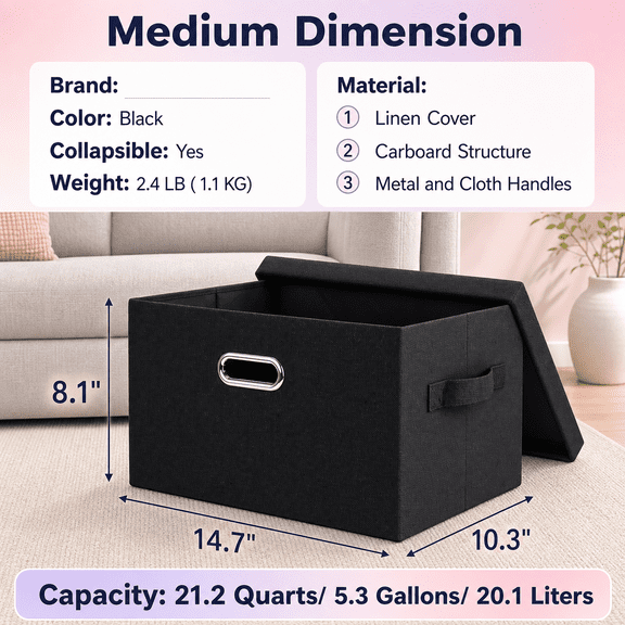 Black Medium -1 Pack Foldable Fabric Closet Storage Cube Baskets