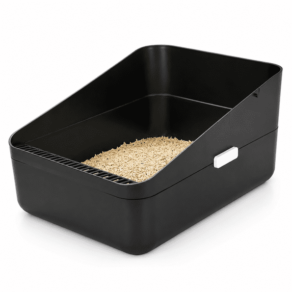 Black Medium High Sided Semi Open Cat Litter Box for Cats Under 13 Lbs