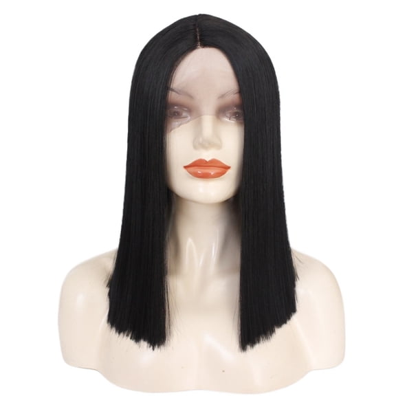 Black Medium Long Hair, High Temperature Silk, Front Lace, Half Hand Woven Wig, Full Head Cover
