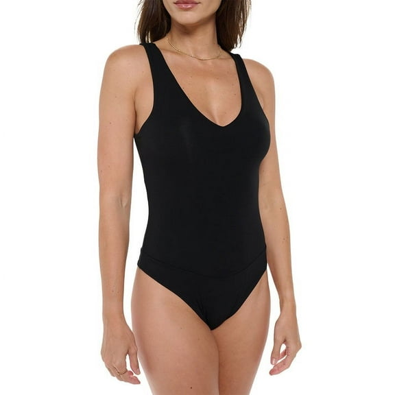 Black Medium Size Women's Sleeveless V-Neck Tank Top Bodysuit, Sexy Casual Cute Going Out Top Body Suit, Trendy Spring Summer 2024