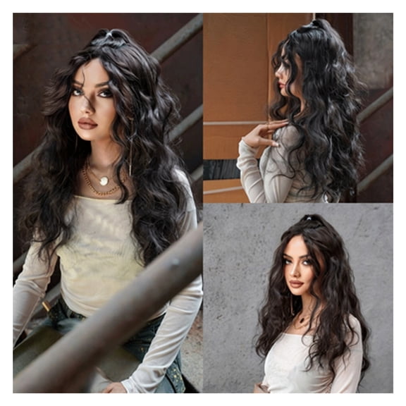 Black Medium Split Long Curly Hair Full Head Cover, Natural For Daily Gatherings Wigs