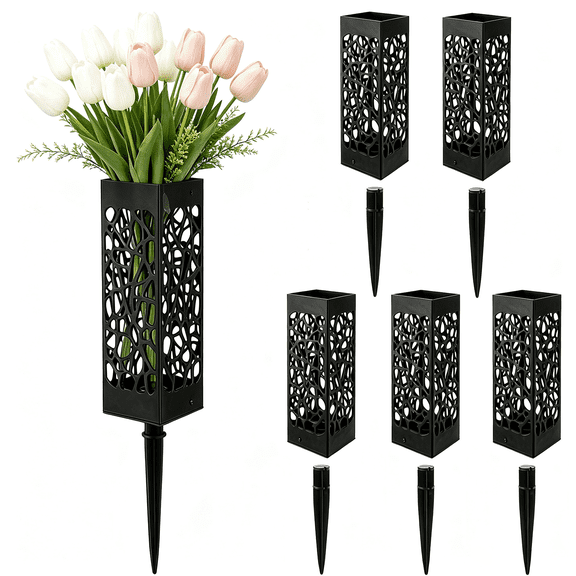 Black Memorial Day Grave Decorations Plastic Floral Holders for Cemetery Vases with Spikes Long Spike Stake and Drainage Holes (5 Pack)