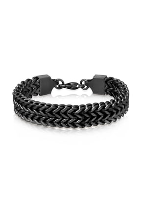 Black Men Cuban Link Bracelet - Double Row Stainless Steel 9" Link Biker Bracelet