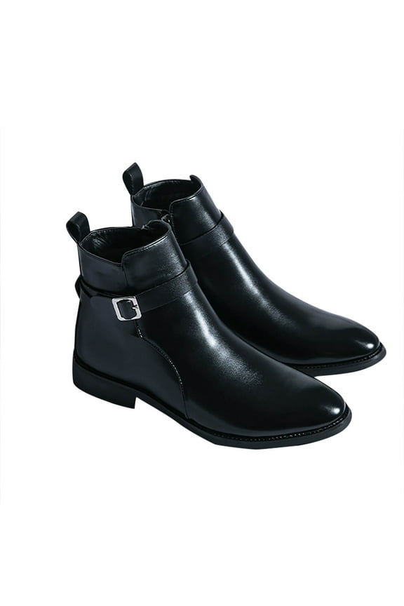 Black Men'S Chelsea Boots Pointed Toe Leather Buckle Zipper Decoration Ankle High Casual Footwear Low Heel 1.09 Inches 1.75 Pounds