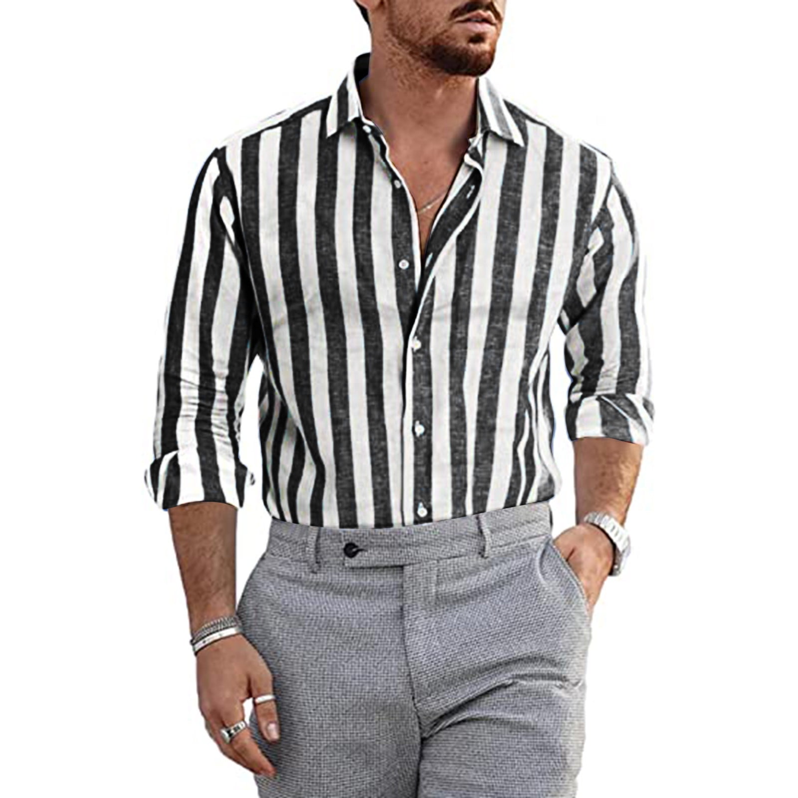 Black Men'S Dress Shirts Mens Fashion Casual Striped Linen Buckle Lapel  Long Sleeve Shirt Top