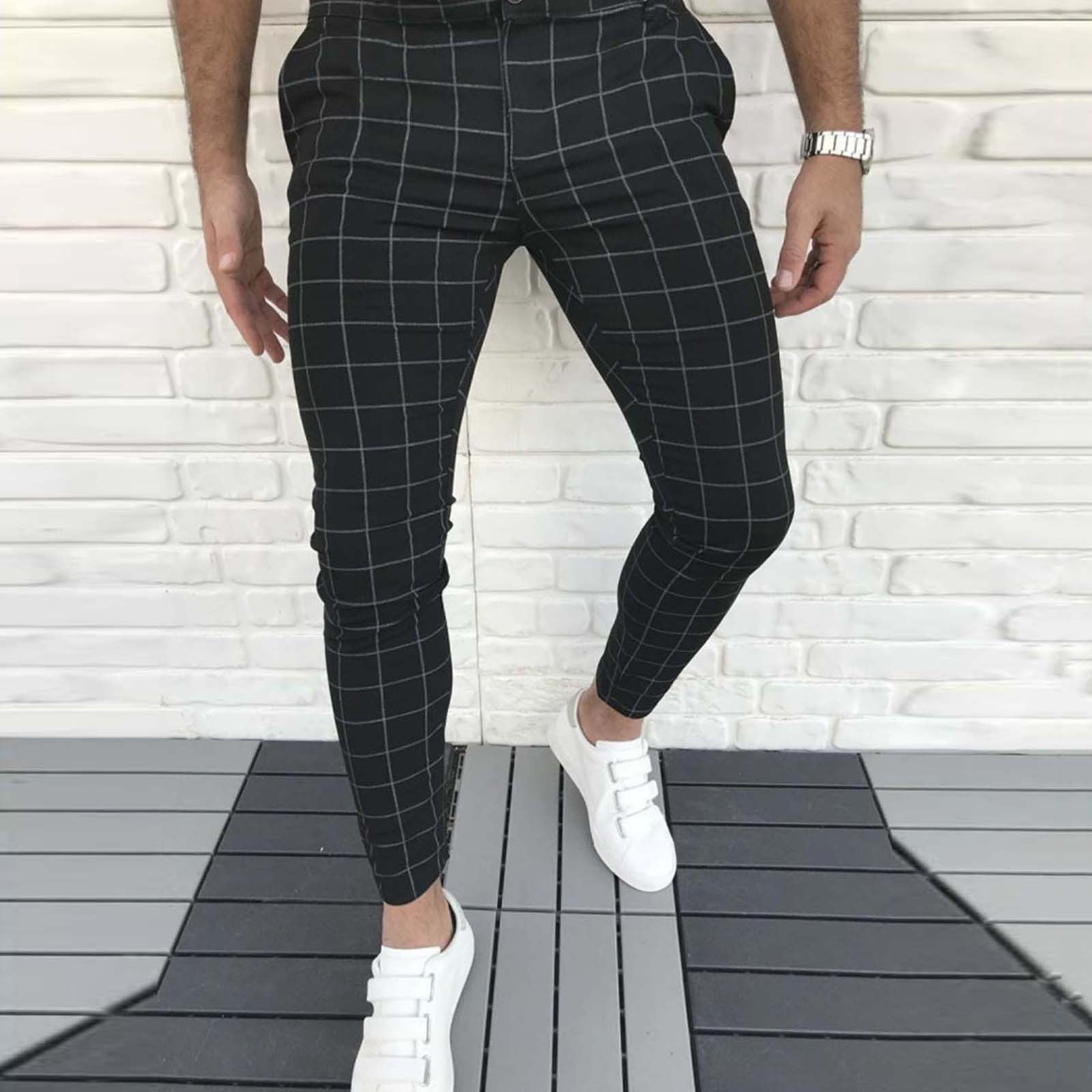 Black Men'S Pants Men Slim Fit Plaid Print Zipper Casual Fashion