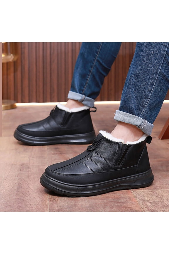 Black Men'S Snow Boots Fleece-Lined Fall Winter Waterproof Non-Slip Soft Sole Thickened Warm Comfortable Wear-Resistant Outdoor Casual Cotton Shoes Size 44