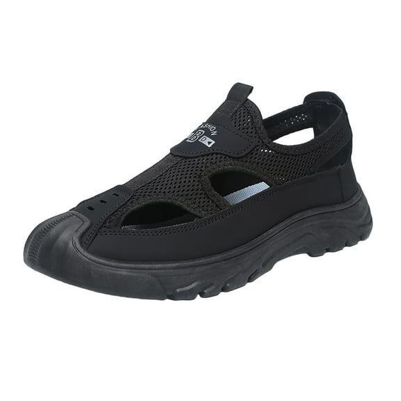Black Men Slip-On Sandals Hollow Mesh Breathable Soft Sole Soft Leather Toe Mesh Upper Spring Summer Casual Outdoor