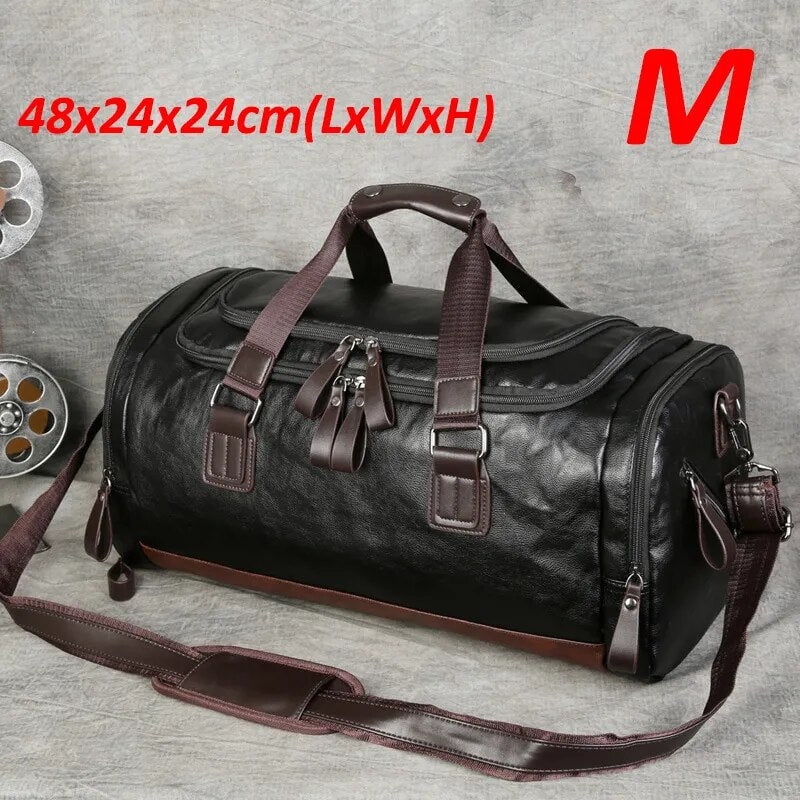Black Men Travel Duffle Bags Waterproof PU Leather Handbags Shoulder