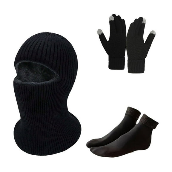 Black Men And Women Winter Knitted Balaclava Hat With Touchscreen Gloves Acrylic Material Warm Neck Protection Head Cover For Outdoor Sports Cold Weather In Black One Size