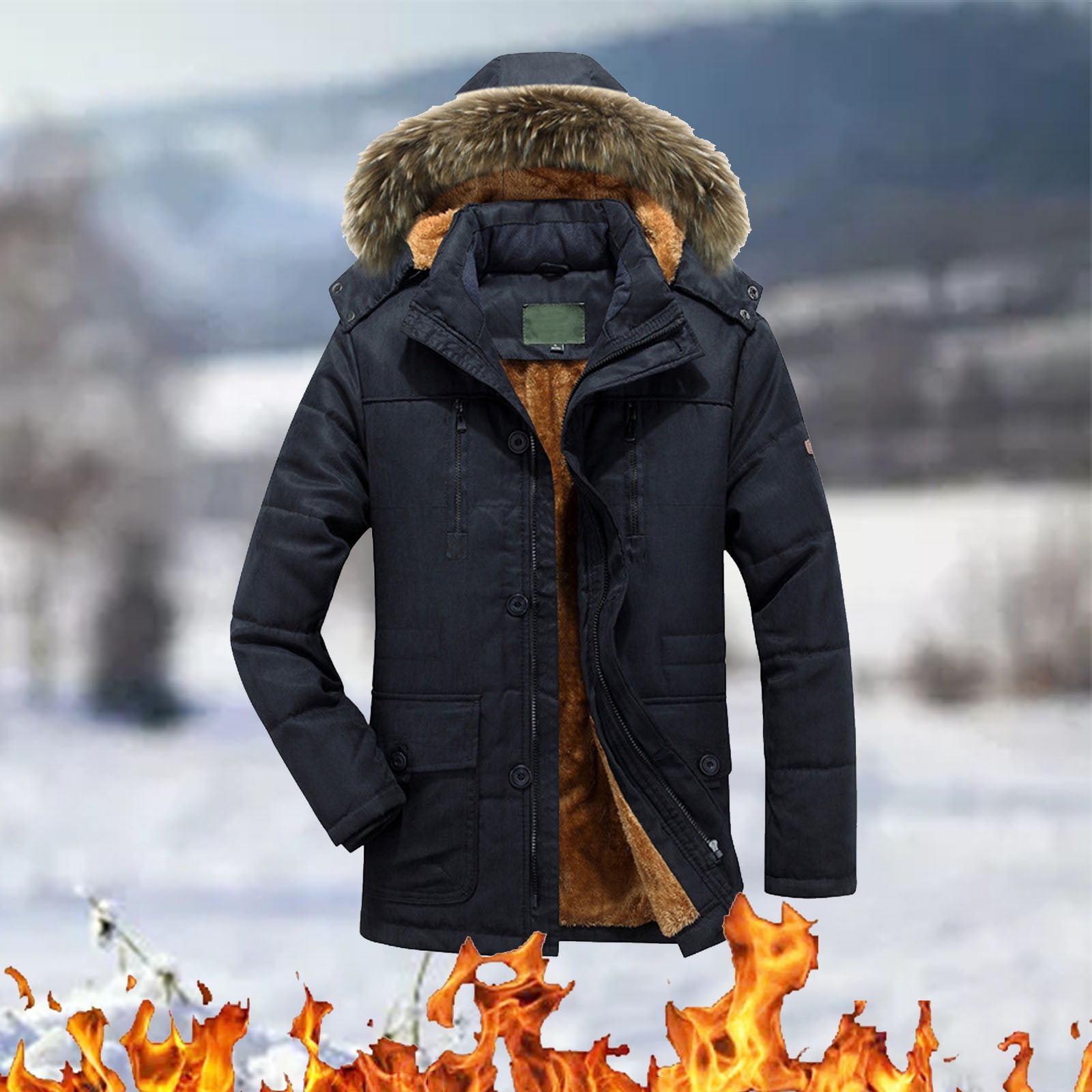 Winter Black Parka Jacket Men Men S Autumn Solid Color Long Sleeved Hooded Plush Collar Parkas Polyester Walmart