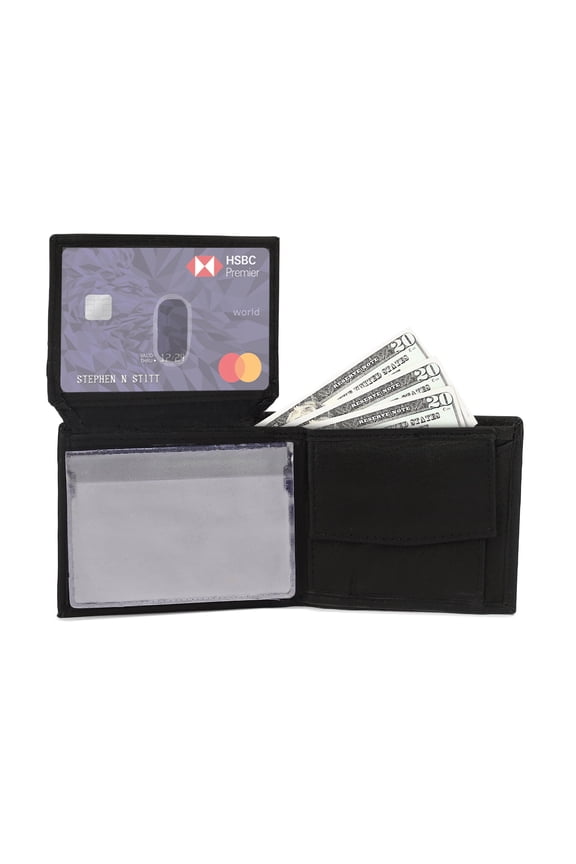 Black Men's Compact Leather Bifold Wallet with Coin Pocket - Stylish Designer Wallet