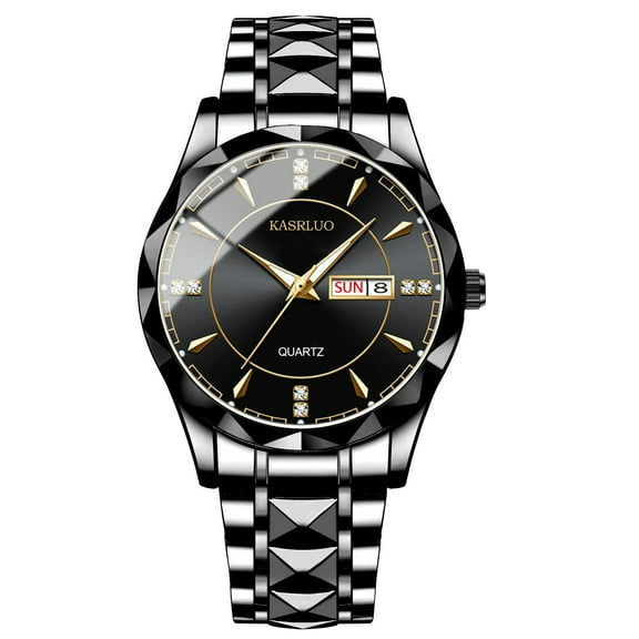 Black Men's Quartz Watch Stainless Steel Business Sports Casual Leather Strap Wristwatch Outdoor Dress Watch