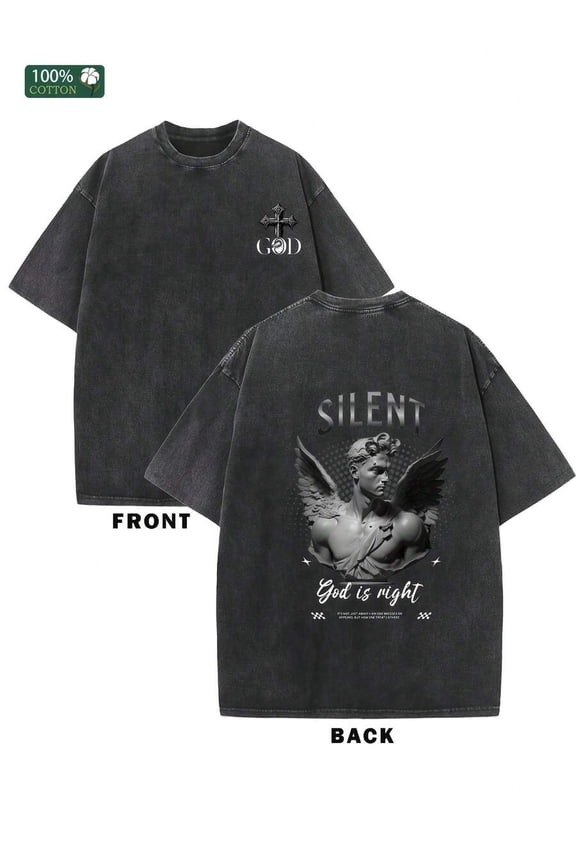 Black Mens 100% Cotton Oversized Drop Shoulder Graphic T-Shirt Vintage Streetwear Angel Print Tee