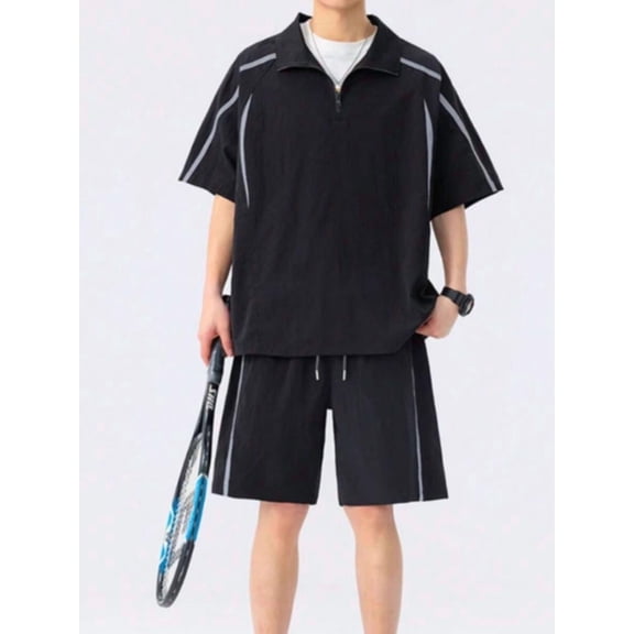 Black Mens Athletic Co-Ord Set: Half-Zip Short Sleeve Shirt & Drawstring Shorts