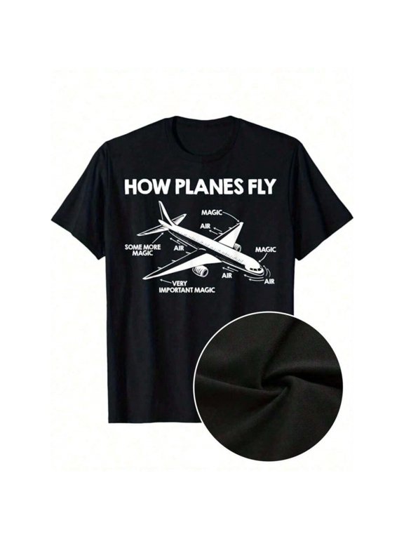 Black Mens Aviation Graphic T-Shirt With How Planes Fly Airplane Design, Crew Neck, Short Sleeve, Casual Fit