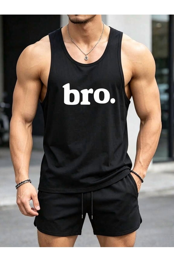 Black Mens Casual Tank Top With Bro. Graphic Print, Comfortable Cotton Blend For Everyday Or Fitness Wear
