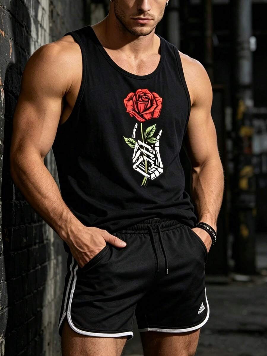 Black Mens Cotton Sleeveless Tank Top With Red Rose & Skeleton Hand ...
