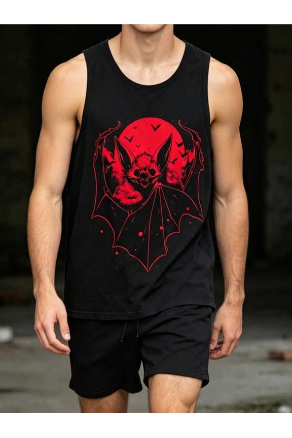 Black Mens Cotton Tank Top With Red Bat Graphic Print, Relaxed Fit Streetwear Sleeveless Vest