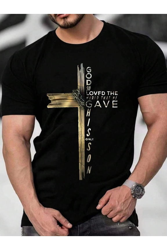 Black Mens Crew Neck Graphic T-Shirt With Cross And Bible Verse Print, Regular Fit Cotton Short Sleeve