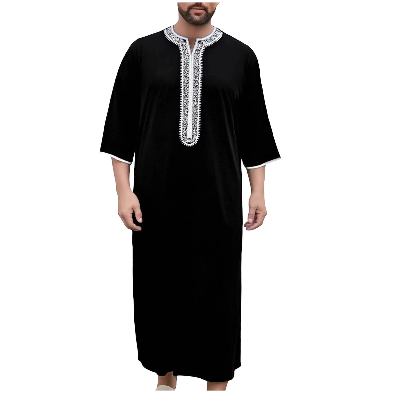 Black Mens Crew Neck Robe Robe for Man Long Sleeve Embroidered Print ...