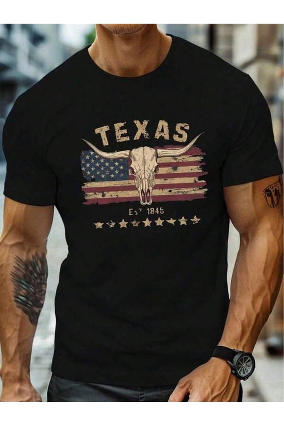 Black Mens Crew Neck Short Sleeve Graphic T-Shirt With Texas Longhorn Skull Print