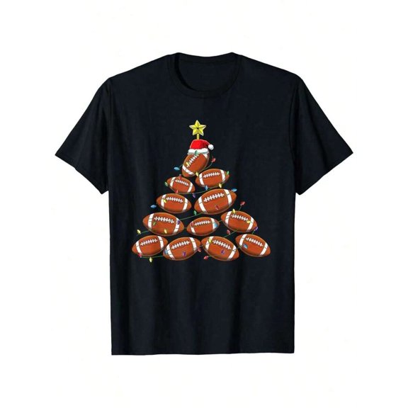 Black Mens Football Christmas Tree Graphic Tee Soft Cotton Short Sleeve Crew Neck Holiday Party Shirt