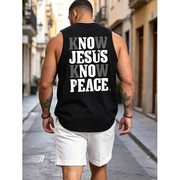 Black Mens Graphic Print Muscle Tank Top - Know Jesus Know Peace Design