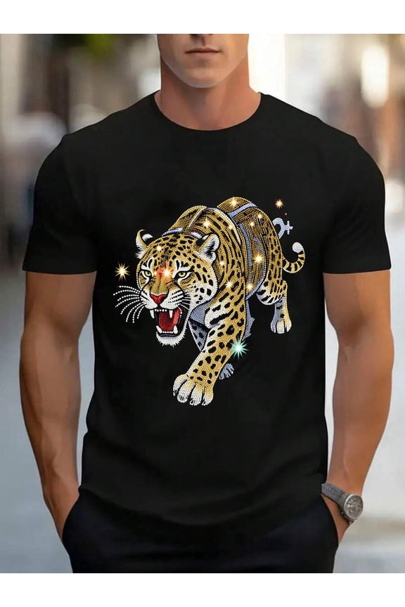 Black Mens Graphic T-Shirt With Rhinestone Leopard Print Design, Crew Neck, Casual Streetwear Style