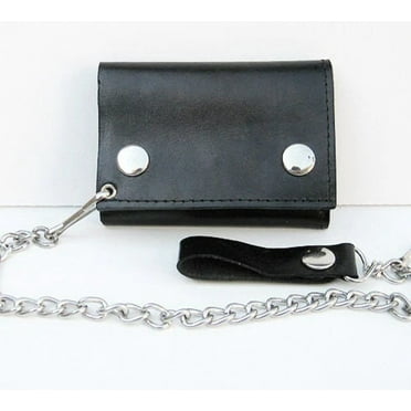 Black Mens Leather Biker's Chain Trifold Wallet Trucker Motorcycle Steel Chain