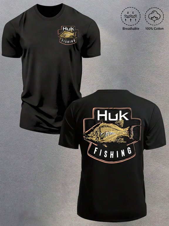 Black Mens Loose Short-Sleeve 100% Cotton Fishing Graphic T-Shirt With Gold Bass Logo