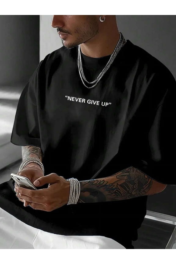 Black Mens Never Give Up Slogan Print Crew Neck Oversized Casual T-Shirt