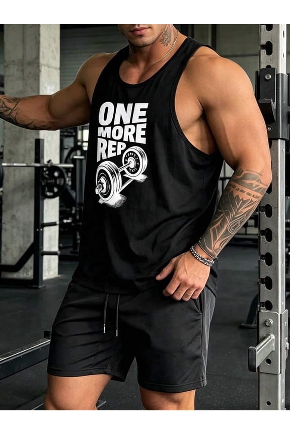 Black Mens One More Rep Graphic Muscle Tank Top For Gym Workouts And Casual Wear