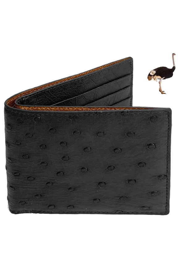 Black Mens Ostrich Leather Bifold Wallet Double Side RFID Blocking Front Pocket Slim Wallet Gift For Him Handmade Vietnamese VINAMOS-01