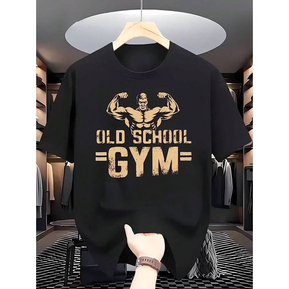 Black Mens Oversized Crew Neck Graphic T-Shirt With Vintage Gym Bodybuilder Print