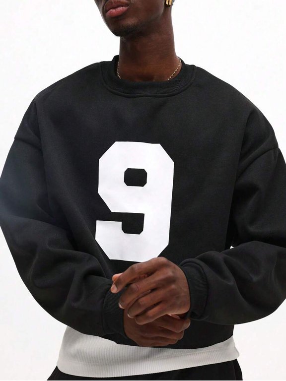 Black Mens Oversized Crew Neck Number Nine Print Pullover Sweatshirt