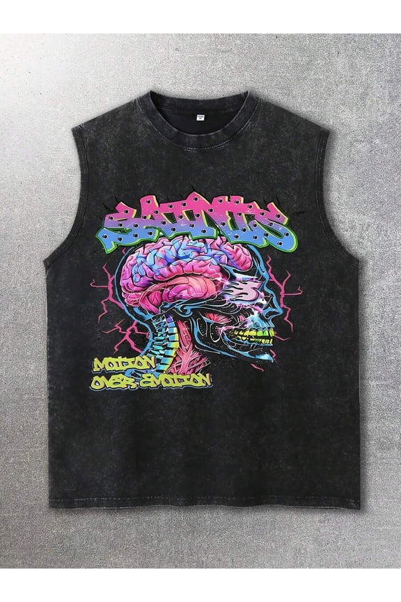 Black Mens Sleeveless Vest Retro Streetwear Graphic Print Distressed Cotton Tank Top Cyberpunk Skull Brain Design