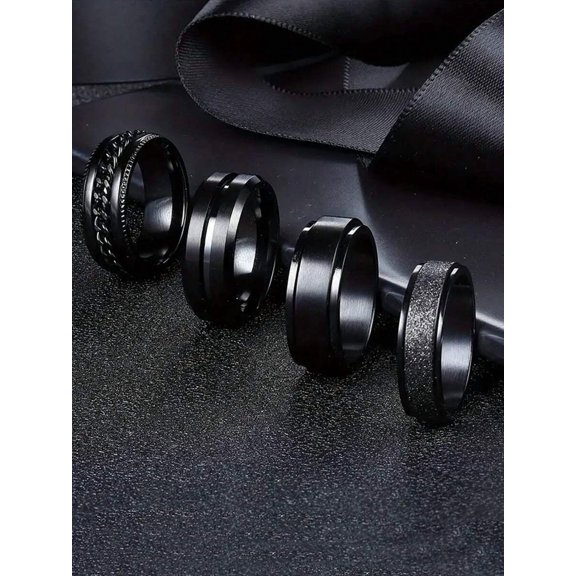 Black Mens Stainless Steel Spinner Ring Set 4 Pieces