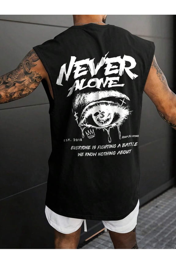 Black Mens Streetwear Sleeveless Tank Top With Graphic Eye Dollar Sign Print Crew Neck Loose Fit