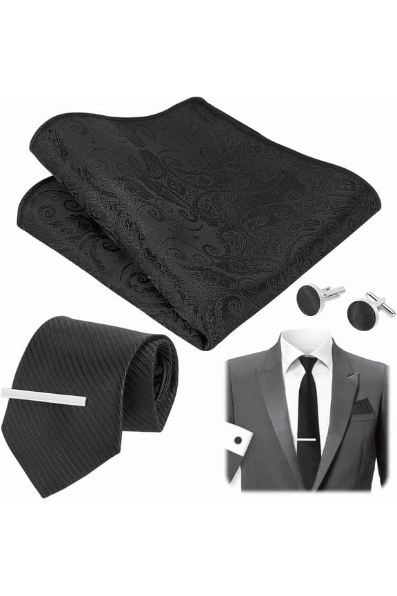 Black Mens Ties Set Black Garment Accessories Kits Necktie Cufflinks Silver Necktie Tie Clip Black Pocket Square Tie Sets for Men