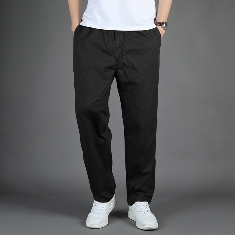 Black Mens Work Pants, Cotton Wide Leg Pants, Elastic Waist