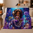 thumbnail image 1 of Black Mermaid Princess Underwater Adventure Fantasy Art, Playful Coastal Landscape Scene, Warm Flannel Blanket for Beach House and Living Room, Beach Lovers Housewarming Gift, Coastal Home Decor, 1 of 9
