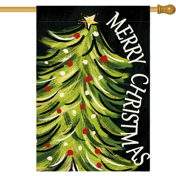 Black Merry Christmas House Flag 28x40 Inch Double Sided, Christmas Tree Xmas Winter Holiday Yard Outdoor Decorative Flag