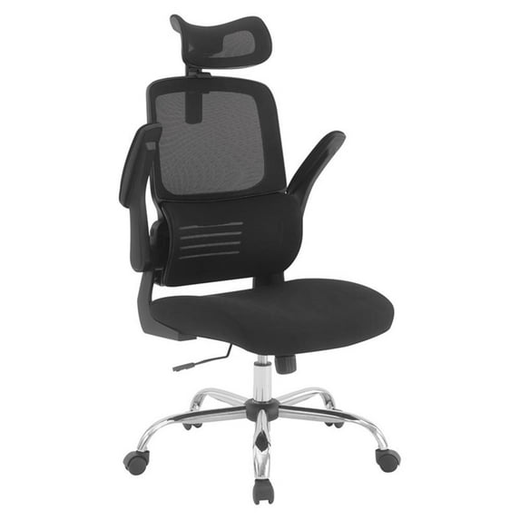 Black Mesh Back in Black Fabric Seat with Flip Arms and 2D Headrest