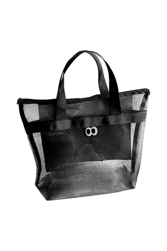 Black Mesh Beach Bag With Zippered Pocket, Lightweight Portable Tote For Swimming Travel And Shopping, 11.02X1.02X0.19 Inches, 0.08 Lb Weight