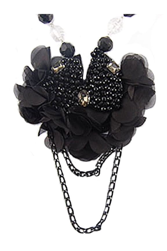 Black Mesh Dahlia Ruffle Flower Petals Rhinestone Bead Dangle Chain Bib Necklace