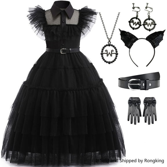 Black Mesh Dance Dress for Girls with Accessories Costume Outfits, Size 4-12 Year