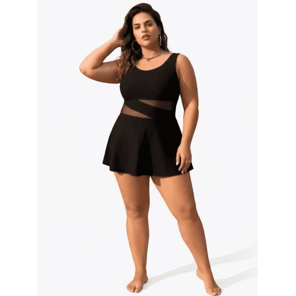Black Mesh Detail Swimdress Sleeveless Flowy One Piece Swimsuit Modest Swimwear for Curvy Women