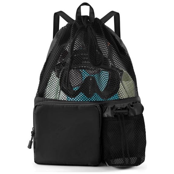 Black Mesh Drawstring Backpack, Quick Drying Mesh Swim Equipment Beach Bag