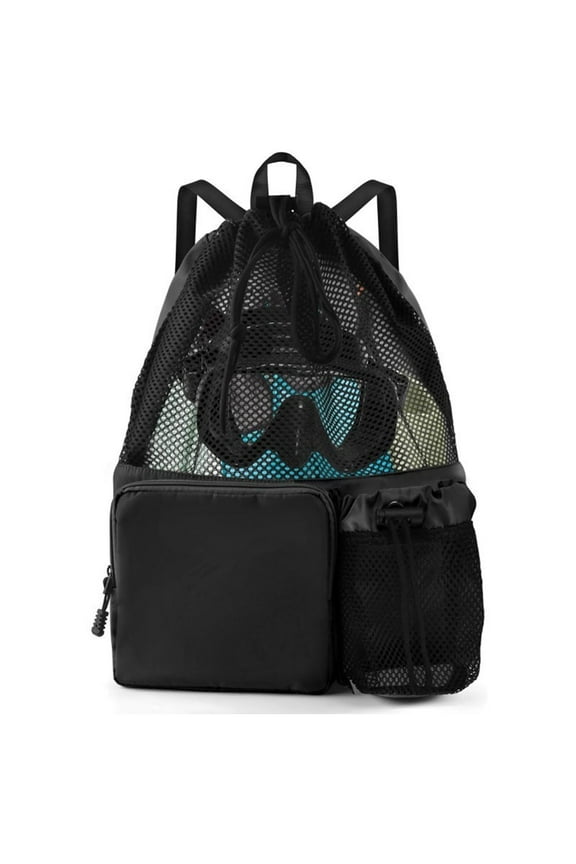 Black Mesh Drawstring Backpack, Quick Drying Mesh Swim Equipment Beach Bag